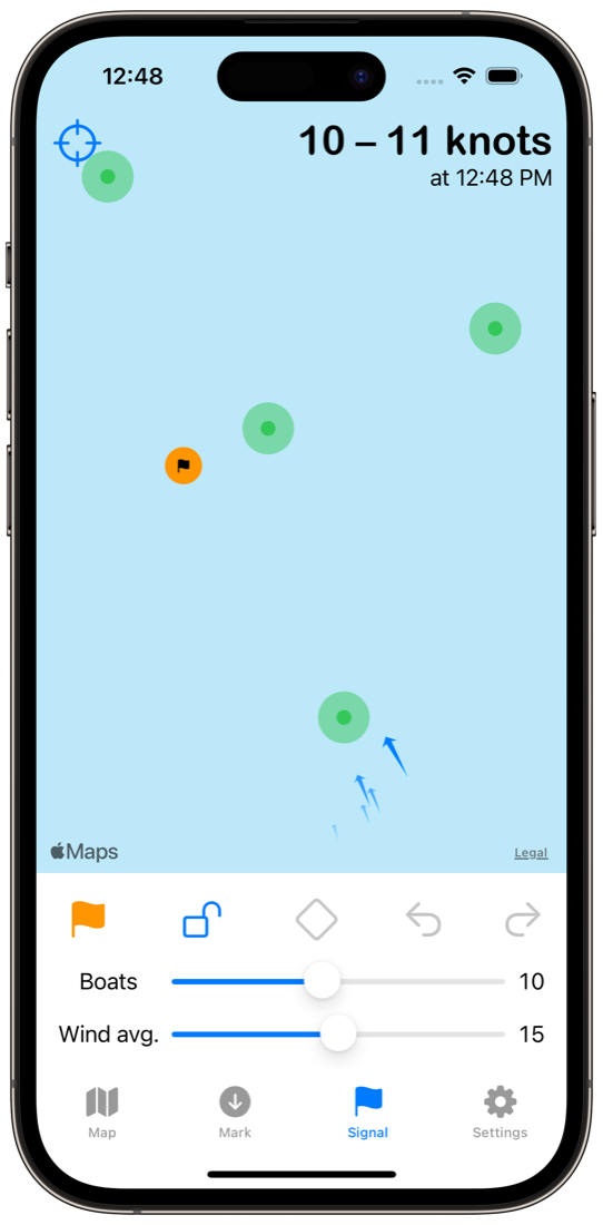 Proper Course on iPhone, showing marks on a map with the current wind speed